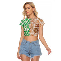 Aloha Hawaii Palaka Tuberose Lei Raglan Cropped T Shirt Hawaiian Quilt Seamless Style LT14 Female Beige - Polynesian Pride