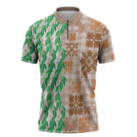 Aloha Hawaii Palaka Tuberose Lei Zipper Polo Shirt Hawaiian Quilt Seamless Style LT14 Beige - Polynesian Pride