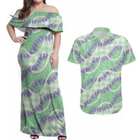 Pastel Green Hawaii Palaka Honohono Pikake Couples Matching Off Shoulder Maxi Dress and Hawaiian Shirt Hawaiian Orchid Lei Polynesian Pattern - Polynesian Pride