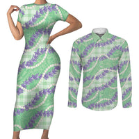 Pastel Green Hawaii Palaka Honohono Pikake Couples Matching Short Sleeve Bodycon Dress and Long Sleeve Button Shirt Hawaiian Orchid Lei Polynesian Pattern - Polynesian Pride