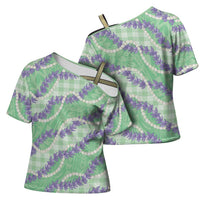 Pastel Green Hawaii Palaka Honohono Pikake Cross Shoulder Shirt Hawaiian Orchid Lei Polynesian Pattern LT14 - Polynesian Pride