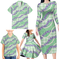 Pastel Green Hawaii Palaka Honohono Pikake Family Matching Long Sleeve Bodycon Dress and Hawaiian Shirt Hawaiian Orchid Lei Polynesian Pattern - Polynesian Pride