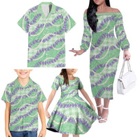 Pastel Green Hawaii Palaka Honohono Pikake Family Matching Off The Shoulder Long Sleeve Dress and Hawaiian Shirt Hawaiian Orchid Lei Polynesian Pattern - Polynesian Pride