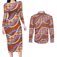 Orange Hawaii Palaka Honohono Pikake Couples Matching Long Sleeve Bodycon Dress and Long Sleeve Button Shirt Hawaiian Orchid Lei Polynesian Pattern - Polynesian Pride