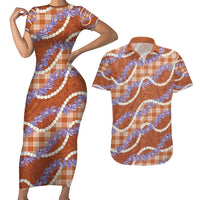 Orange Hawaii Palaka Honohono Pikake Couples Matching Short Sleeve Bodycon Dress and Hawaiian Shirt Hawaiian Orchid Lei Polynesian Pattern - Polynesian Pride