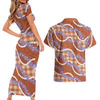 Orange Hawaii Palaka Honohono Pikake Couples Matching Short Sleeve Bodycon Dress and Hawaiian Shirt Hawaiian Orchid Lei Polynesian Pattern - Polynesian Pride