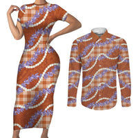 Orange Hawaii Palaka Honohono Pikake Couples Matching Short Sleeve Bodycon Dress and Long Sleeve Button Shirt Hawaiian Orchid Lei Polynesian Pattern - Polynesian Pride