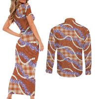 Orange Hawaii Palaka Honohono Pikake Couples Matching Short Sleeve Bodycon Dress and Long Sleeve Button Shirt Hawaiian Orchid Lei Polynesian Pattern - Polynesian Pride