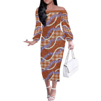 Orange Hawaii Palaka Honohono Pikake Family Matching Off The Shoulder Long Sleeve Dress and Hawaiian Shirt Hawaiian Orchid Lei Polynesian Pattern - Polynesian Pride