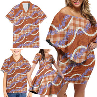 Orange Hawaii Palaka Honohono Pikake Family Matching Off Shoulder Short Dress and Hawaiian Shirt Hawaiian Orchid Lei Polynesian Pattern - Polynesian Pride