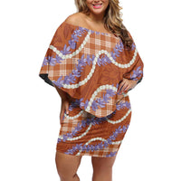 Orange Hawaii Palaka Honohono Pikake Family Matching Off Shoulder Short Dress and Hawaiian Shirt Hawaiian Orchid Lei Polynesian Pattern - Polynesian Pride