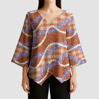 Orange Hawaii Palaka Honohono Pikake Kimono Sleeve Blouse Hawaiian Orchid Lei Polynesian Pattern - Polynesian Pride