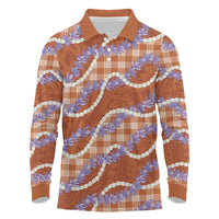 Orange Hawaii Palaka Honohono Pikake Long Sleeve Polo Shirt Hawaiian Orchid Lei Polynesian Pattern - Polynesian Pride