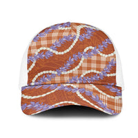 Orange Hawaii Palaka Honohono Pikake Mesh Trucker Cap Hawaiian Orchid Lei Polynesian Pattern LT14 One Size White Orange - Polynesian Pride