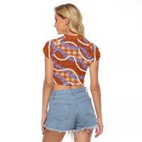 Orange Hawaii Palaka Honohono Pikake Raglan Cropped T Shirt Hawaiian Orchid Lei Polynesian Pattern LT14 - Polynesian Pride