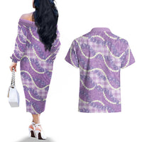 Purple Hawaii Palaka Honohono Pikake Couples Matching Off The Shoulder Long Sleeve Dress and Hawaiian Shirt Hawaiian Orchid Lei Polynesian Pattern - Polynesian Pride