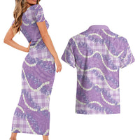 Purple Hawaii Palaka Honohono Pikake Couples Matching Short Sleeve Bodycon Dress and Hawaiian Shirt Hawaiian Orchid Lei Polynesian Pattern - Polynesian Pride