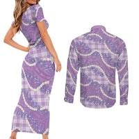Purple Hawaii Palaka Honohono Pikake Couples Matching Short Sleeve Bodycon Dress and Long Sleeve Button Shirt Hawaiian Orchid Lei Polynesian Pattern - Polynesian Pride