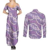 Purple Hawaii Palaka Honohono Pikake Couples Matching Summer Maxi Dress and Long Sleeve Button Shirt Hawaiian Orchid Lei Polynesian Pattern - Polynesian Pride