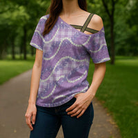 Purple Hawaii Palaka Honohono Pikake Cross Shoulder Shirt Hawaiian Orchid Lei Polynesian Pattern LT14 - Polynesian Pride