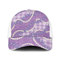 Purple Hawaii Palaka Honohono Pikake Mesh Trucker Cap Hawaiian Orchid Lei Polynesian Pattern LT14 One Size White Purple - Polynesian Pride