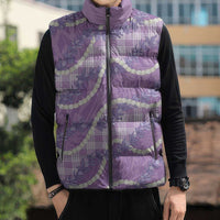 Purple Hawaii Palaka Honohono Pikake Sleeveless Puffer Jacket Hawaiian Orchid Lei Polynesian Pattern - Polynesian Pride