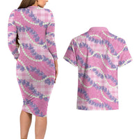Pink Hawaii Palaka Honohono Pikake Couples Matching Long Sleeve Bodycon Dress and Hawaiian Shirt Hawaiian Orchid Lei Polynesian Pattern - Polynesian Pride