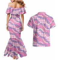 Pink Hawaii Palaka Honohono Pikake Couples Matching Mermaid Dress and Hawaiian Shirt Hawaiian Orchid Lei Polynesian Pattern - Polynesian Pride