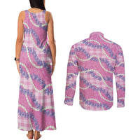 Pink Hawaii Palaka Honohono Pikake Couples Matching Tank Maxi Dress and Long Sleeve Button Shirt Hawaiian Orchid Lei Polynesian Pattern - Polynesian Pride
