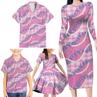 Pink Hawaii Palaka Honohono Pikake Family Matching Long Sleeve Bodycon Dress and Hawaiian Shirt Hawaiian Orchid Lei Polynesian Pattern - Polynesian Pride