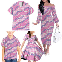 Pink Hawaii Palaka Honohono Pikake Family Matching Off The Shoulder Long Sleeve Dress and Hawaiian Shirt Hawaiian Orchid Lei Polynesian Pattern - Polynesian Pride