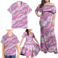 Pink Hawaii Palaka Honohono Pikake Family Matching Off Shoulder Maxi Dress and Hawaiian Shirt Hawaiian Orchid Lei Polynesian Pattern - Polynesian Pride