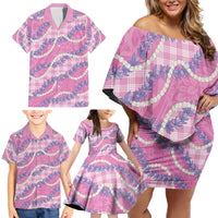 Pink Hawaii Palaka Honohono Pikake Family Matching Off Shoulder Short Dress and Hawaiian Shirt Hawaiian Orchid Lei Polynesian Pattern - Polynesian Pride