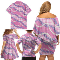 Pink Hawaii Palaka Honohono Pikake Family Matching Off Shoulder Short Dress and Hawaiian Shirt Hawaiian Orchid Lei Polynesian Pattern - Polynesian Pride