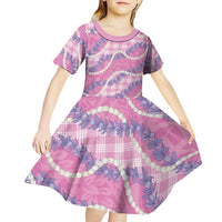 Pink Hawaii Palaka Honohono Pikake Kid Short Sleeve Dress Hawaiian Orchid Lei Polynesian Pattern - Polynesian Pride