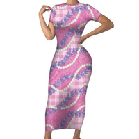 Pink Hawaii Palaka Honohono Pikake Short Sleeve Bodycon Dress Hawaiian Orchid Lei Polynesian Pattern LT14 Long Dress Pink - Polynesian Pride