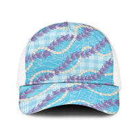 Blue Hawaii Palaka Honohono Pikake Baseball Net Cap Hawaiian Orchid Lei Polynesian Pattern LT14 One Size White Blue - Polynesian Pride