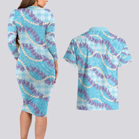 Blue Hawaii Palaka Honohono Pikake Couples Matching Long Sleeve Bodycon Dress and Hawaiian Shirt Hawaiian Orchid Lei Polynesian Pattern - Polynesian Pride