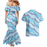 Blue Hawaii Palaka Honohono Pikake Couples Matching Mermaid Dress and Hawaiian Shirt Hawaiian Orchid Lei Polynesian Pattern - Polynesian Pride