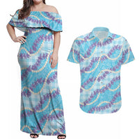 Blue Hawaii Palaka Honohono Pikake Couples Matching Off Shoulder Maxi Dress and Hawaiian Shirt Hawaiian Orchid Lei Polynesian Pattern - Polynesian Pride