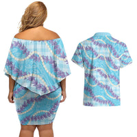 Blue Hawaii Palaka Honohono Pikake Couples Matching Off Shoulder Short Dress and Hawaiian Shirt Hawaiian Orchid Lei Polynesian Pattern - Polynesian Pride