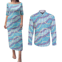 Blue Hawaii Palaka Honohono Pikake Couples Matching Puletasi and Long Sleeve Button Shirt Hawaiian Orchid Lei Polynesian Pattern LT14 Blue - Polynesian Pride