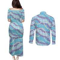 Blue Hawaii Palaka Honohono Pikake Couples Matching Puletasi and Long Sleeve Button Shirt Hawaiian Orchid Lei Polynesian Pattern LT14 - Polynesian Pride