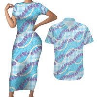 Blue Hawaii Palaka Honohono Pikake Couples Matching Short Sleeve Bodycon Dress and Hawaiian Shirt Hawaiian Orchid Lei Polynesian Pattern - Polynesian Pride