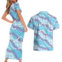 Blue Hawaii Palaka Honohono Pikake Couples Matching Short Sleeve Bodycon Dress and Hawaiian Shirt Hawaiian Orchid Lei Polynesian Pattern - Polynesian Pride