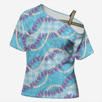 Blue Hawaii Palaka Honohono Pikake Cross Shoulder Shirt Hawaiian Orchid Lei Polynesian Pattern LT14 Female Blue - Polynesian Pride