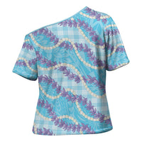 Blue Hawaii Palaka Honohono Pikake Cross Shoulder Shirt Hawaiian Orchid Lei Polynesian Pattern - Polynesian Pride