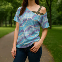 Blue Hawaii Palaka Honohono Pikake Cross Shoulder Shirt Hawaiian Orchid Lei Polynesian Pattern LT14 - Polynesian Pride