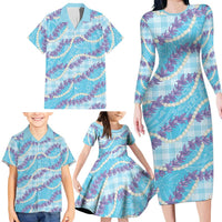 Blue Hawaii Palaka Honohono Pikake Family Matching Long Sleeve Bodycon Dress and Hawaiian Shirt Hawaiian Orchid Lei Polynesian Pattern - Polynesian Pride