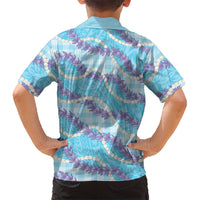 Blue Hawaii Palaka Honohono Pikake Family Matching Off The Shoulder Long Sleeve Dress and Hawaiian Shirt Hawaiian Orchid Lei Polynesian Pattern - Polynesian Pride